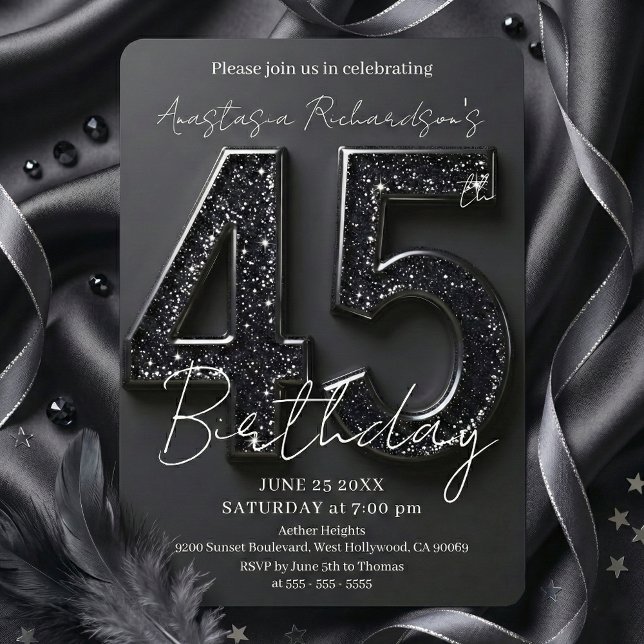 Convites Elegant Chic Black Glitter 45th Birthday Party (Criador carregado)