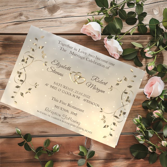 Convites Elegant Chic Gold Hearts Leaves Wedding  (Criador carregado)