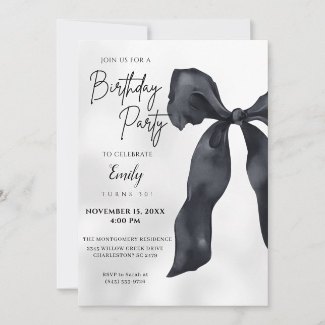Convites Elegant Chic Modern Black Bow Birthday Invitation (Frente)