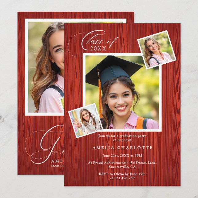 Convites Elegant Chic Photo Collage Rustic Graduation (Frente/Verso)