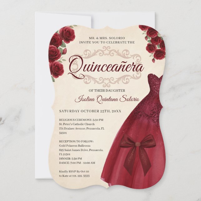 Convites Elegant Chic Quinceanera 15th Birthday Burgundy  (Frente)