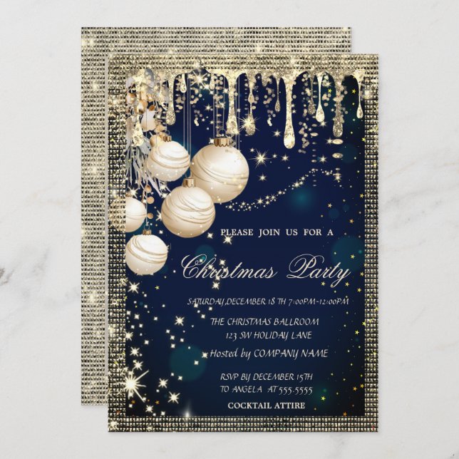 Convites Elegant Christmas Balls Drips Gold Blue Christmas  (Frente/Verso)