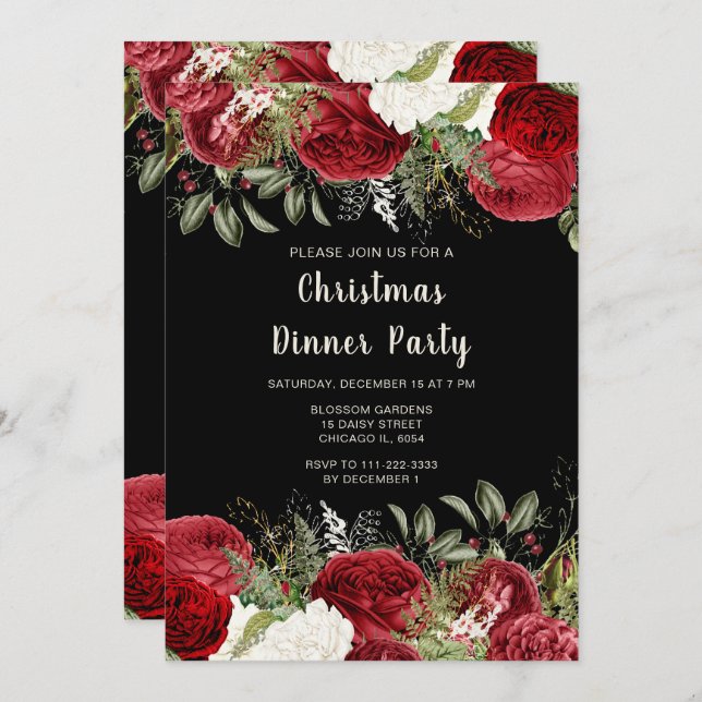 Convites Elegant Christmas Dinner Party Red Flowers (Frente/Verso)