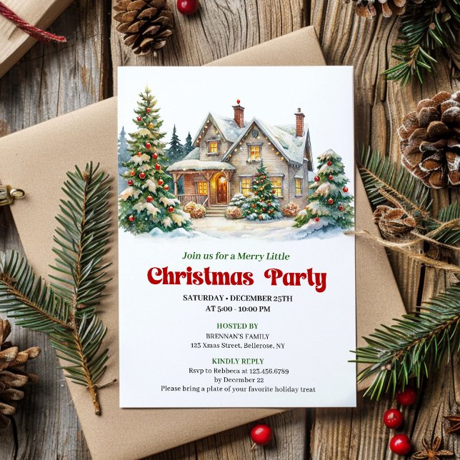 Convites Elegant Christmas House Watercolor Holiday Invite (Elegant Christmas House Watercolor Holiday Invite)