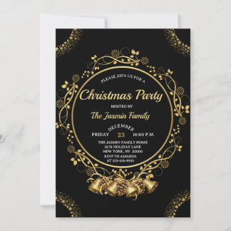 Convites Elegant CHRISTMAS PARTY Black and Gold bells