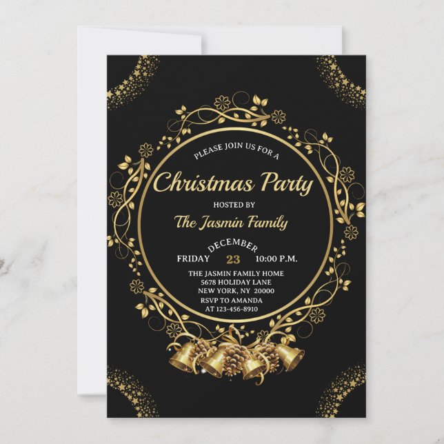Convites Elegant CHRISTMAS PARTY Black and Gold bells (Frente)