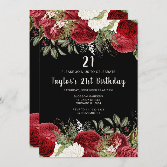 Convites Elegant Christmas Red Flowers Birthday Party (Frente/Verso)