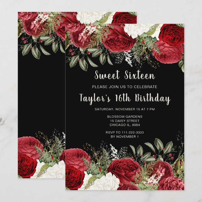 Convites Elegant Christmas Red Flowers Sweet Sixteen (Frente/Verso)