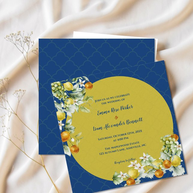 Convites Elegant Citrus Blue Gold Floral Wedding (Elegant Citrus Blue Gold Floral Wedding Invitation)