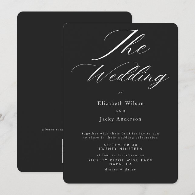 Convites Elegant Classic Black and White QR code Wedding (Frente/Verso)