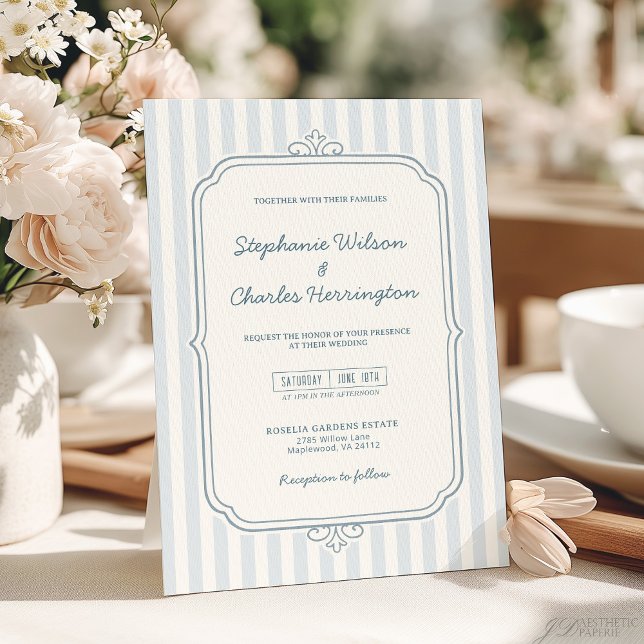 Convites Elegant Classic Light Blue Beige Striped Wedding (Criador carregado)