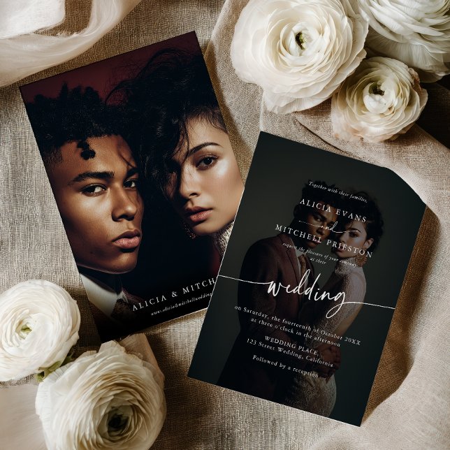 Convites Elegant Classic Minimalist Script Wedding 2 Photo (Elegant Classic Minimalist Script Wedding 2 Photo Invitation)