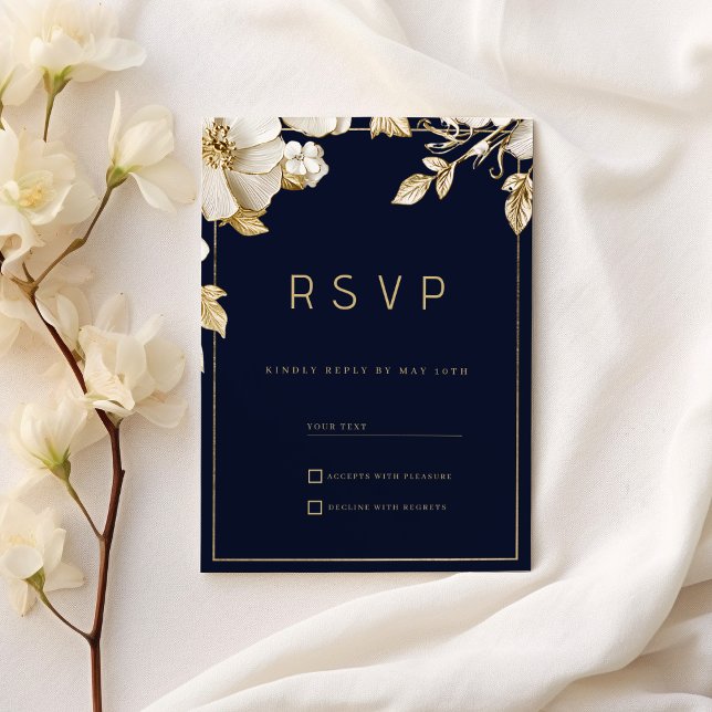 Convites Elegant classic navy blue gold floral RSVP (Elegant classic navy blue gold floral RSVP)