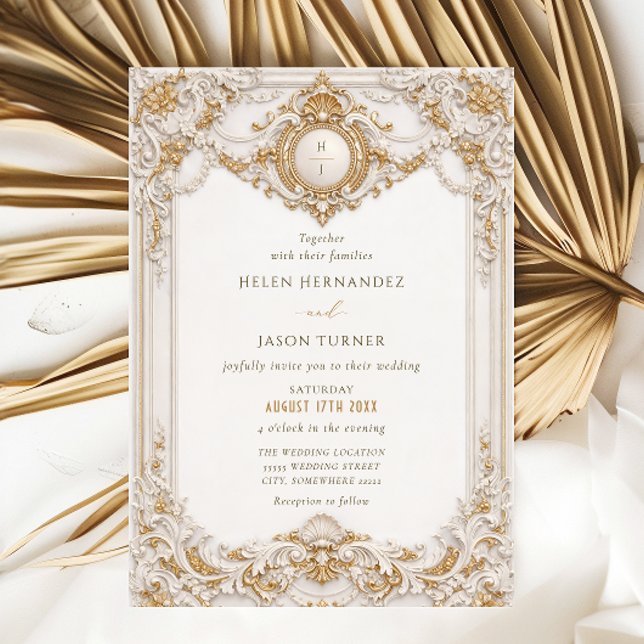 Convites Elegant Classy Gold & White Baroque Frame Wedding (Criador carregado)