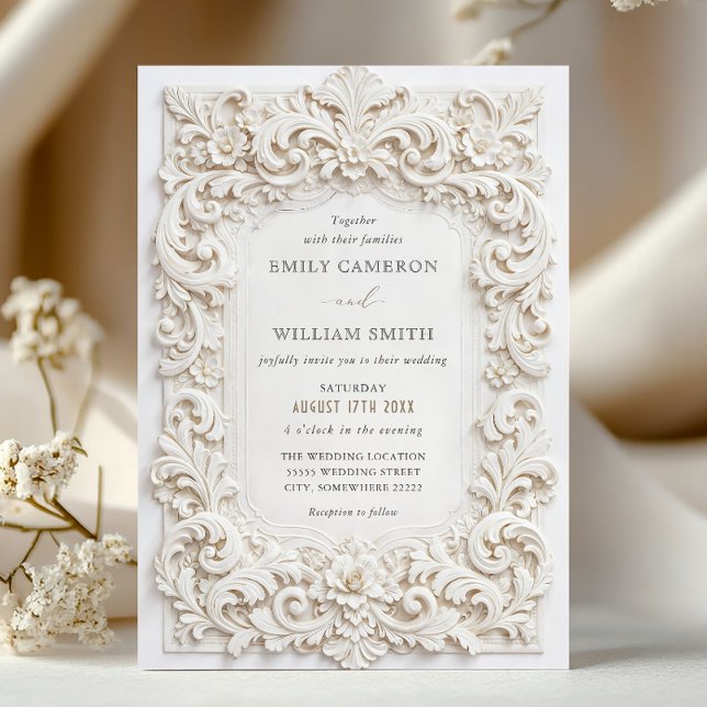 Convites Elegant Classy White Baroque Frame Wedding (Criador carregado)