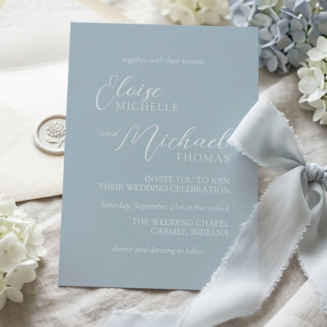 Convites Elegant Coastal Blue Script Wedding Invitation (Elegant Coastal Blue Script Wedding Invitation)