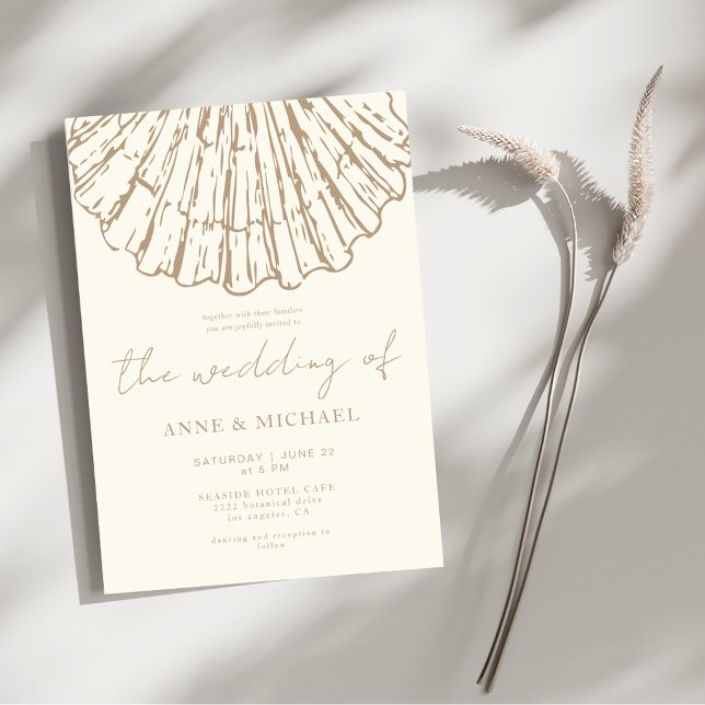 Convites Elegant Coastal Clamshell Champagne Beige Wedding (Criador carregado)