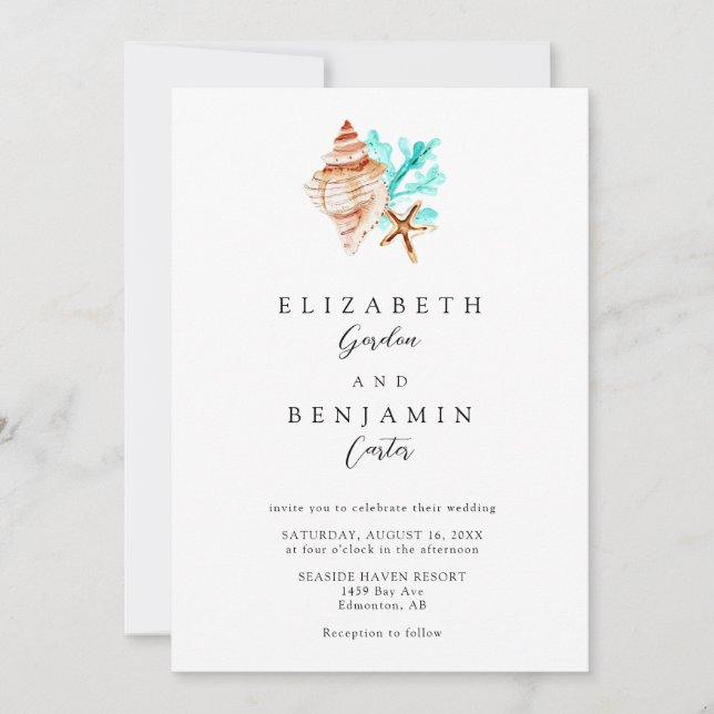 Convites Elegant Coastal Seashell Watercolor Beach Wedding (Frente)