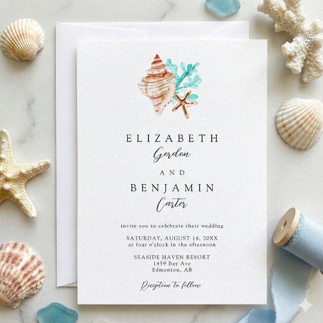 Convites Elegant Coastal Seashell Watercolor Beach Wedding (Criador carregado)