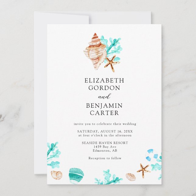 Convites Elegant Coastal Seashell Watercolor Beach Wedding (Frente)