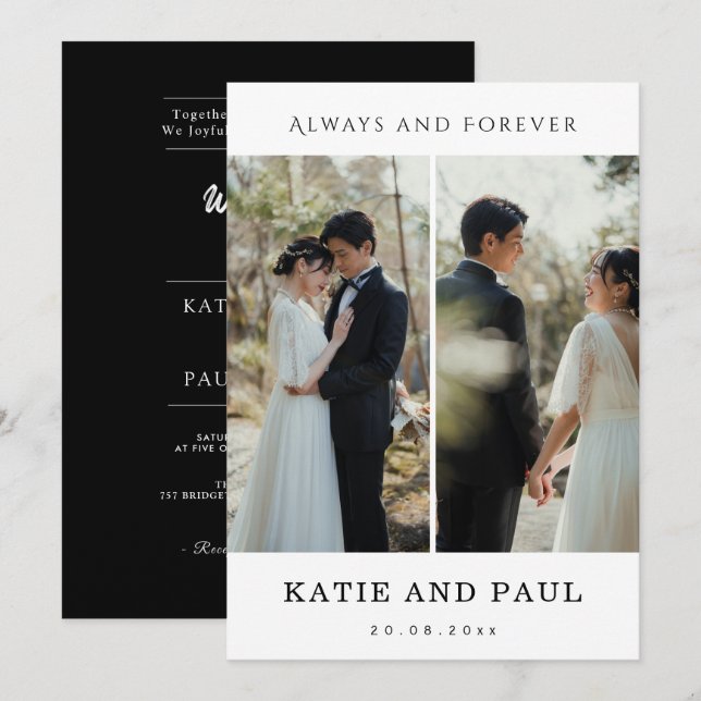 Convites Elegant Collage 2 Photo Modern Black Chic Wedding  (Frente/Verso)