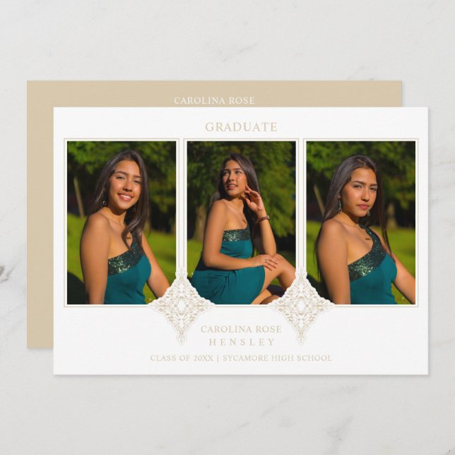 Convites Elegant Collage Lace Romantic 3 Photos Graduation (Frente/Verso)