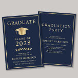 Convites Elegant College Blue Dourado Festa de formatura<br><div class="desc">Formandos azul escuro elegante,  anúncio e convite de festas com boné de formatura de ouro e típica tipografia de ouro moderna para o nome do formando,  ano de aula,  faculdade ou universidade,  grau e grande ou honras. No verso,  adicione os detalhes da graduação.</div>