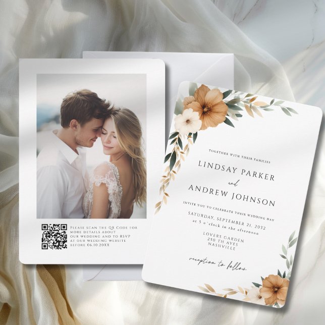 Convites Elegant Copper & Earthy Botanical Wedding Photo (Elegant Copper & Earthy Photo QR Code Botanical Wedding Invitation)