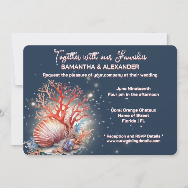 Convites Elegant Coral Blue Beach Wedding Invitation (Frente)
