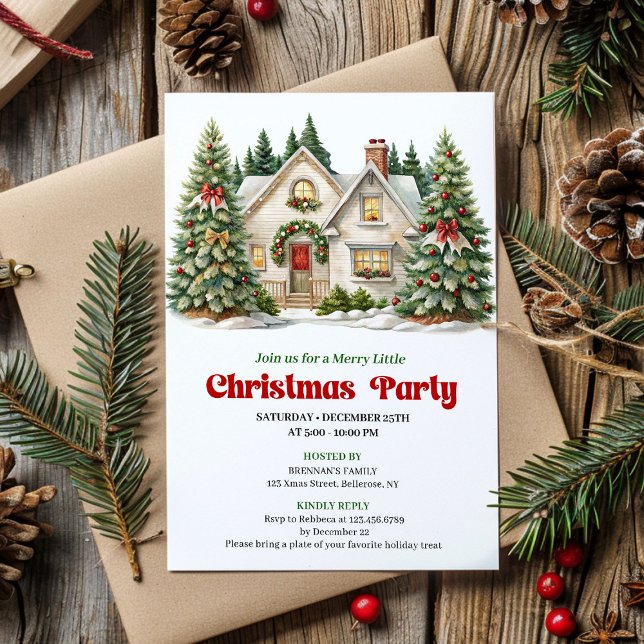 Convites Elegant Cozy Christmas house invitation watercolor (Elegant Cozy Christmas house invitation watercolor)
