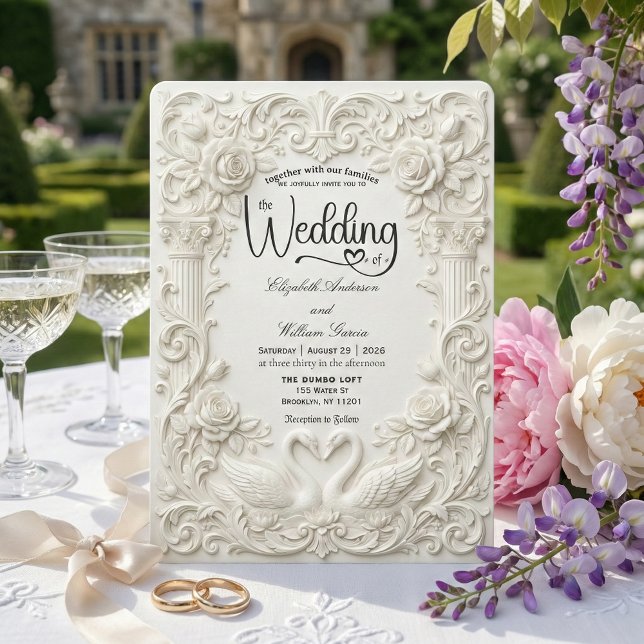 Convites Elegant Cream Faux Sculpted Swans Wedding   (Criador carregado)