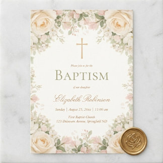 Convites Elegant Cream Rose Floral Cross Baptism