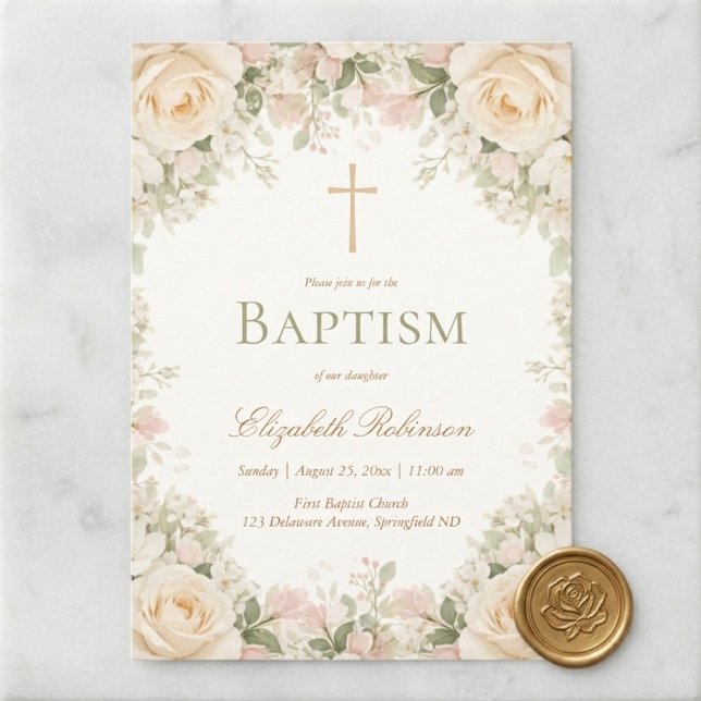 Convites Elegant Cream Rose Floral Cross Baptism (Criador carregado)