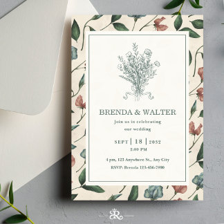 Convites Elegant Cream Rustic Wildflower Sketch Wedding 