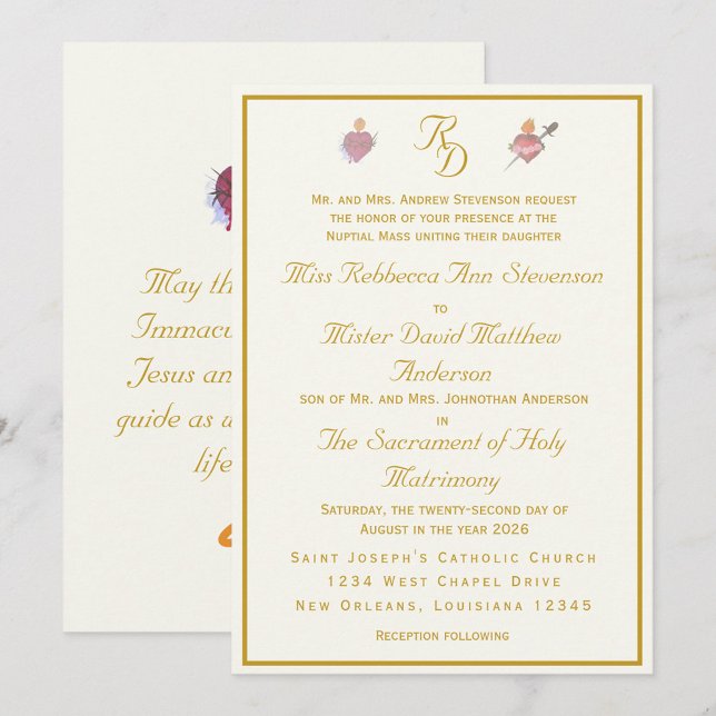 Convites Elegant Cream Two Hearts Catholic Wedding (Criador carregado)