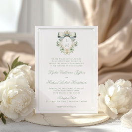 Convites Elegant Crest c/ Laço Verde Musgo | Casamento Mono