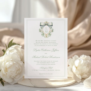 Convites Elegant Crest c/ Laço Verde Musgo   Casamento Mono