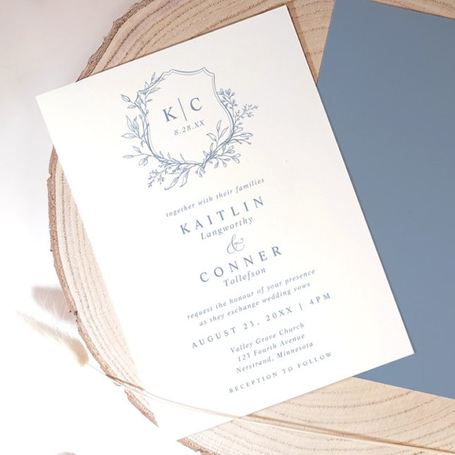 Convites Elegant Crest Dusty Blue Classic Formal Wedding (Elegant dusty blue wedding invitation with vintage crest, monogram, and botanical details)