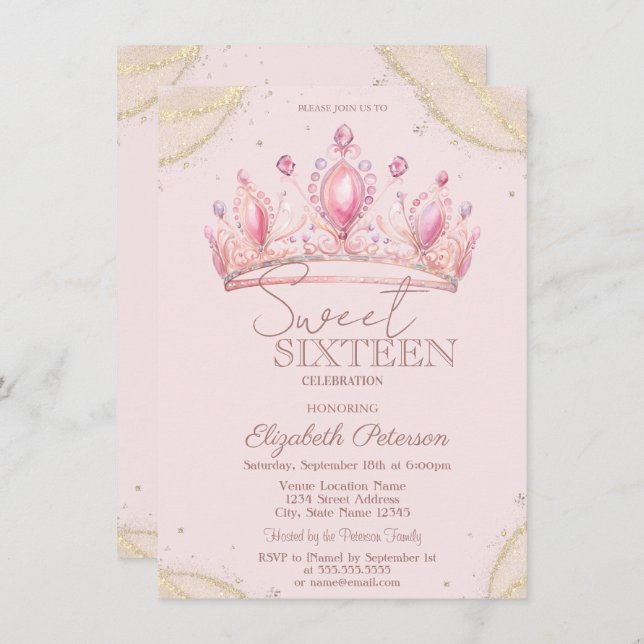 Convites Elegant Crown Gold Glitter Corners Sweet 16   (Frente/Verso)