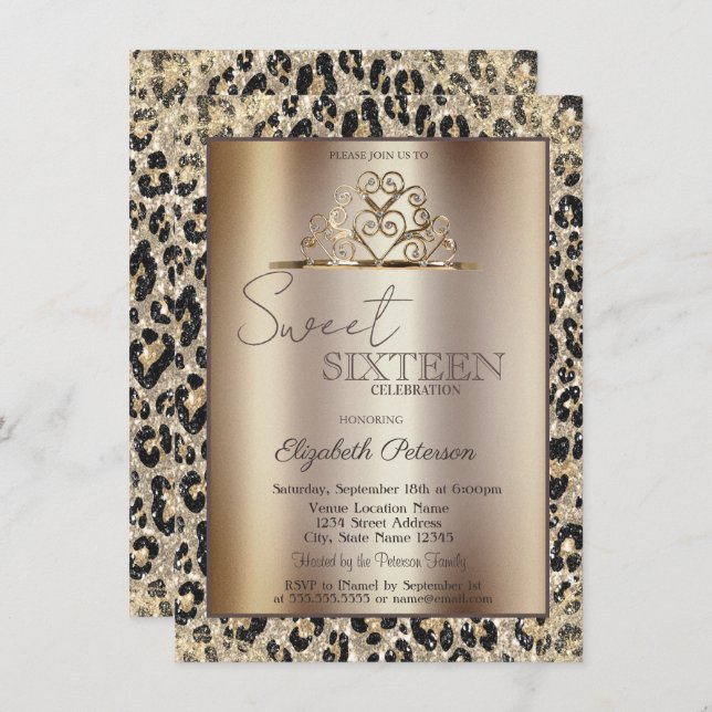 Convites Elegant Crown Leopard Print Sweet 16   (Frente/Verso)