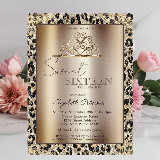 Convites Elegant Crown Leopard Print Sweet 16   (Criador carregado)