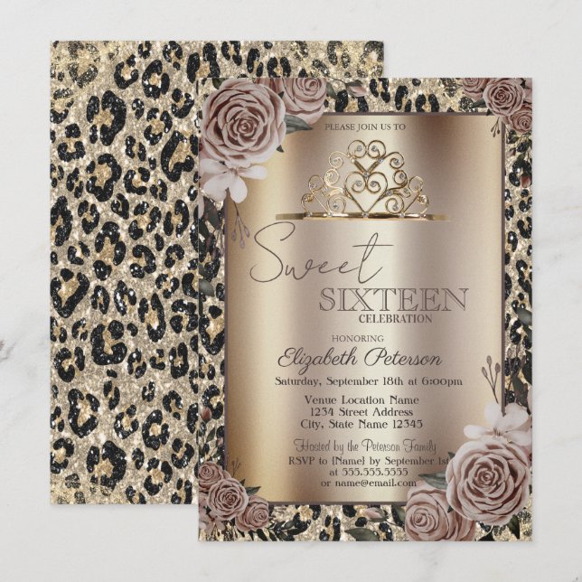 Convites Elegant Crown Roses Leopard Print Sweet 16   (Frente/Verso)