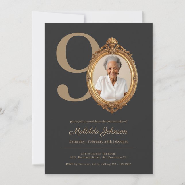 Convites Elegant Custom Photo Gold 90th Birthday  (Frente)