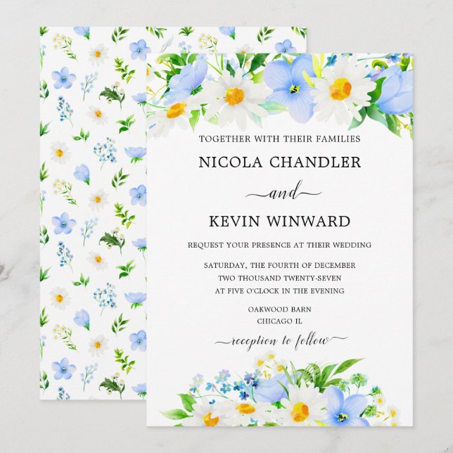 Convites Elegant Daisy and Forget Me Not Wedding (Frente/Verso)