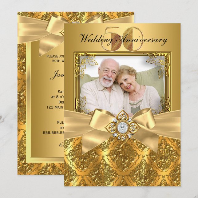 Convites Elegant Damask & Bow Foto Dourado 50º Aniversário (Frente/Verso)