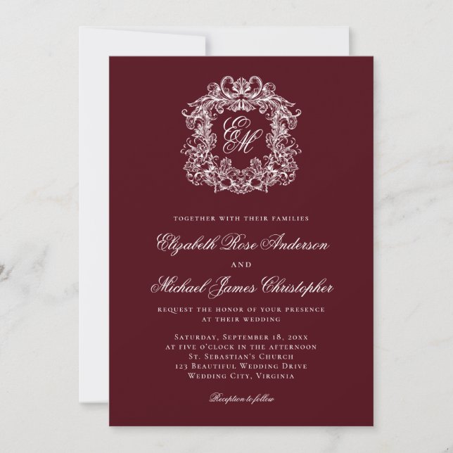 Convites Elegant Dark Burgundy Monogram Crest Wedding (Frente)
