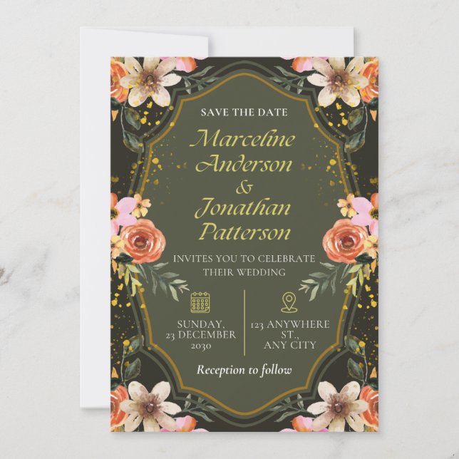 Convites Elegant Dark Floral Wedding Invitation Card (Frente)