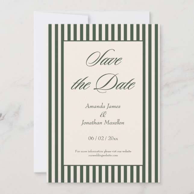 Convites Elegant Dark Green and Cream Stripes Save the Date (Frente)