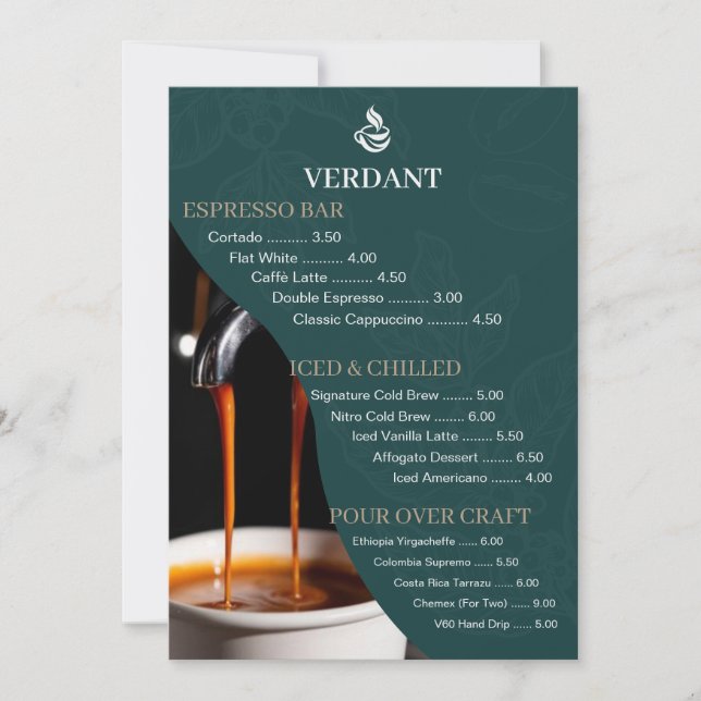 Convites Elegant Dark Green Specialty Coffee Shop Menu Card (Frente)