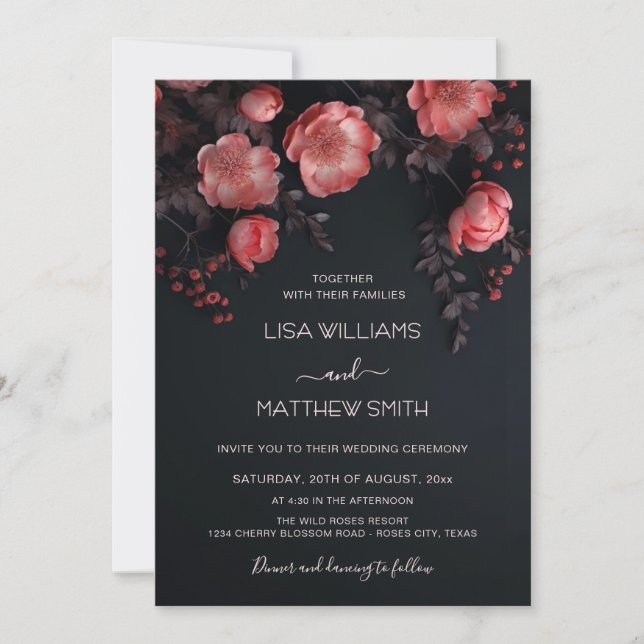 Convites Elegant Dark Moody 3D Roses Wedding (Frente)